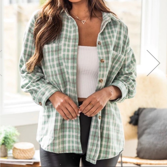 Pink Lily Jackets & Blazers - Green and white checkered Shacket